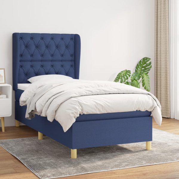 Pat box spring cu saltea, albastru, 80×200 cm, textil