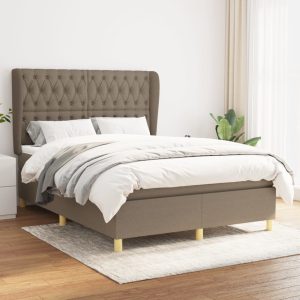Pat box spring cu saltea, gri taupe, 140×200 cm, textil