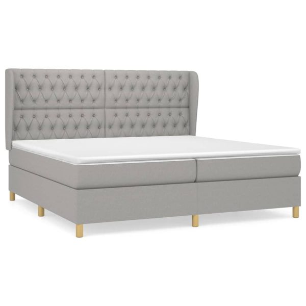 Pat box spring cu saltea, gri deschis, 200×200 cm, textil