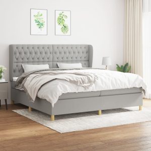 Pat box spring cu saltea, gri deschis, 200×200 cm, textil