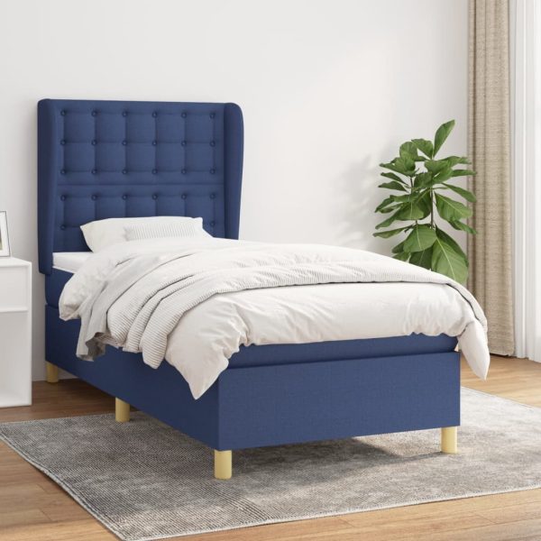 Pat box spring cu saltea, albastru, 100×200 cm, textil