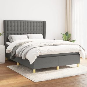 Pat box spring cu saltea, gri închis, 140×200 cm, textil