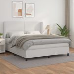 Pat box spring cu saltea, alb, 160×200 cm, piele ecologică