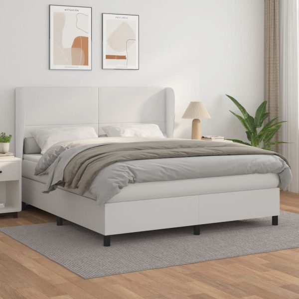 Pat box spring cu saltea, alb, 160×200 cm, piele ecologică