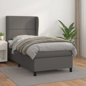 Pat box spring cu saltea, gri, 80×200 cm, piele ecologică