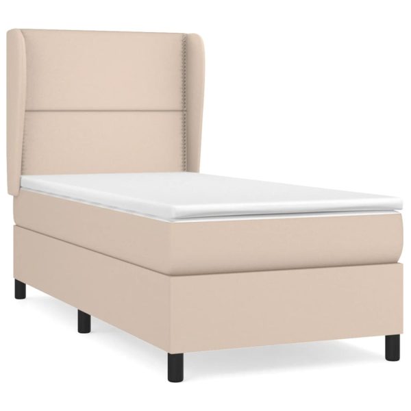 Pat box spring cu saltea, cappuccino, 90×190 cm piele ecologică