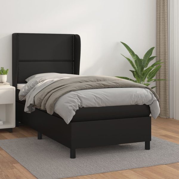 Pat box spring cu saltea, negru, 100×200 cm, piele ecologică