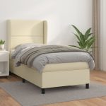 Pat box spring cu saltea, crem, 100×200 cm, piele ecologică