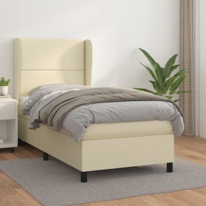 Pat box spring cu saltea, crem, 100×200 cm, piele ecologică