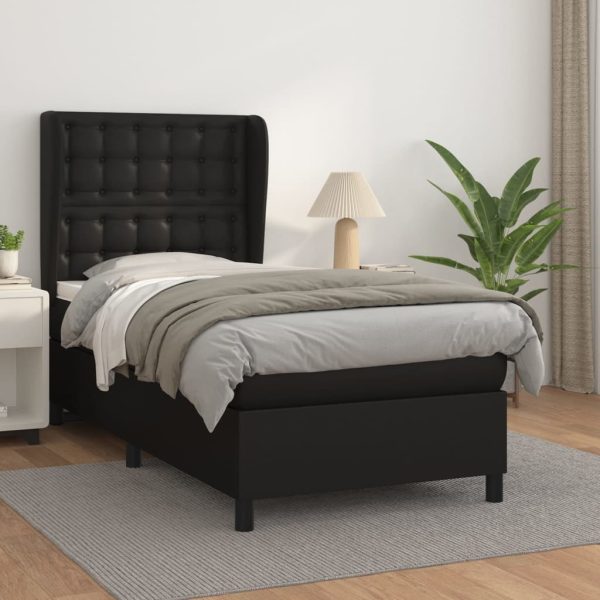Pat box spring cu saltea, negru, 90×200 cm, piele ecologică