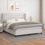 Pat box spring cu saltea, alb, 160×200 cm, piele ecologică