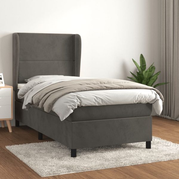 Pat box spring cu saltea, gri închis, 90×190 cm, catifea
