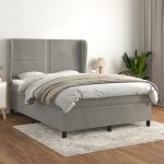 Pat box spring cu saltea, gri deschis, 140×190 cm, catifea