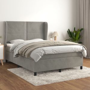 Pat box spring cu saltea, gri deschis, 140×200 cm, catifea