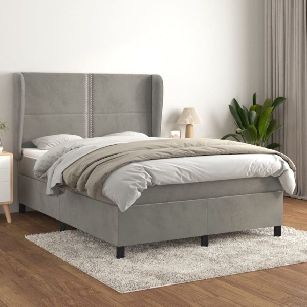 Pat box spring cu saltea, gri deschis, 140×200 cm, catifea