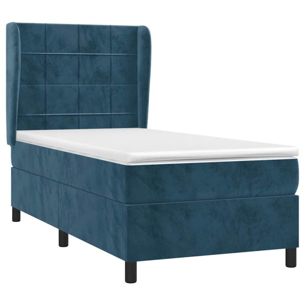 Pat box spring cu saltea, albastru închis, 90×190 cm, catifea