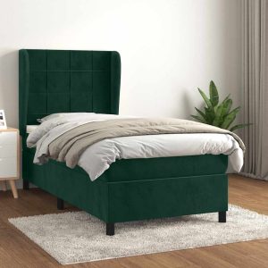 Pat box spring cu saltea, verde închis, 100×200 cm, catifea