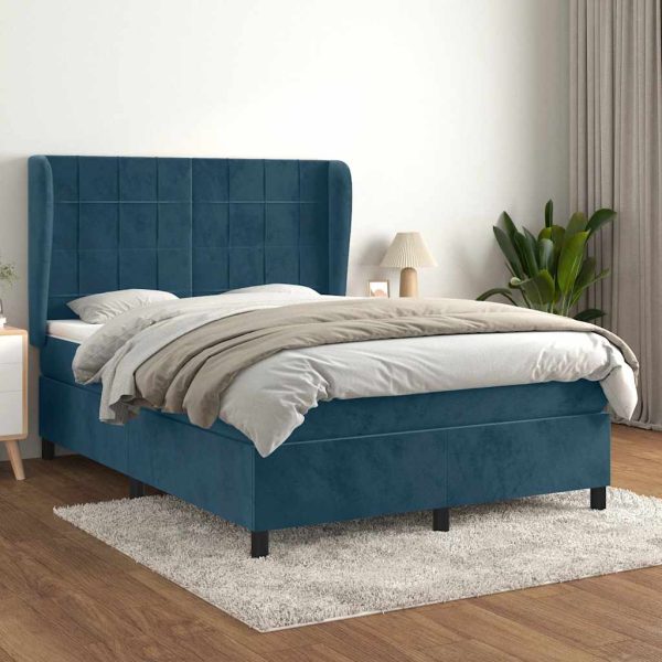 Pat box spring cu saltea, albastru închis, 140×200 cm, catifea
