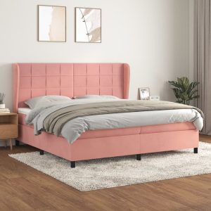 Pat box spring cu saltea, roz, 200×200 cm, catifea