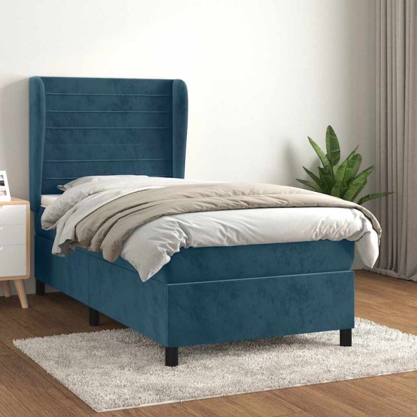 Pat box spring cu saltea, albastru închis, 80×200 cm, catifea