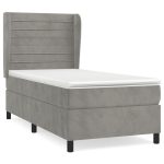 Pat box spring cu saltea, gri deschis, 90×190 cm, catifea