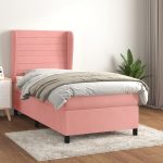 Pat box spring cu saltea, roz, 90×190 cm, catifea