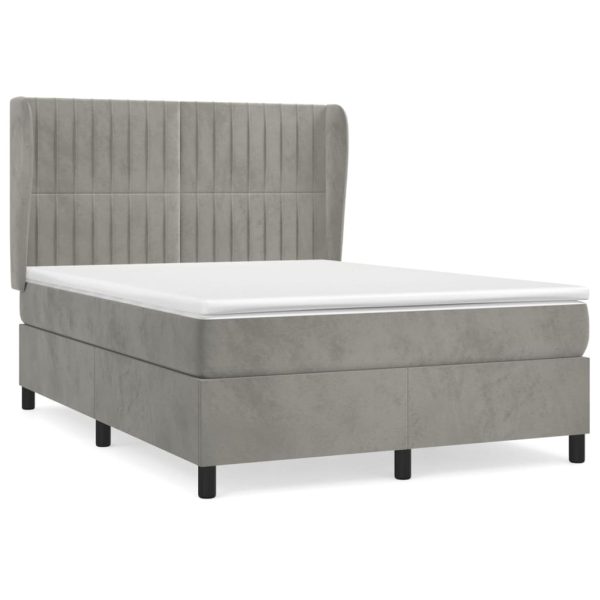 Pat box spring cu saltea, gri deschis, 140×190 cm, catifea