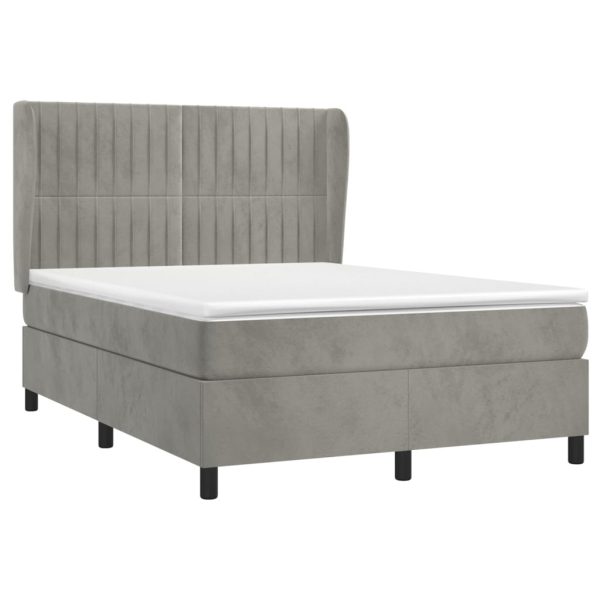 Pat box spring cu saltea, gri deschis, 140×190 cm, catifea