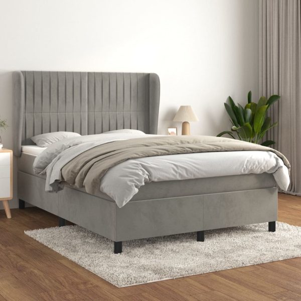 Pat box spring cu saltea, gri deschis, 140×190 cm, catifea
