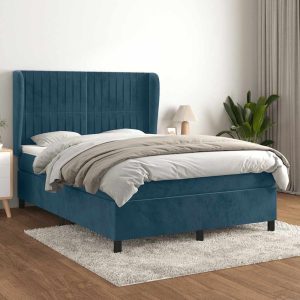 Pat box spring cu saltea, albastru închis, 140×190 cm, catifea