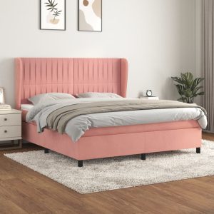 Pat box spring cu saltea, roz, 180×200 cm, catifea