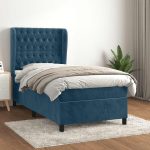 Pat box spring cu saltea, albastru închis, 90×200 cm, catifea