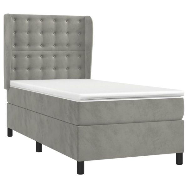 Pat box spring cu saltea, gri deschis, 90×190 cm, catifea