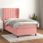 Pat box spring cu saltea, roz, 90×190 cm, catifea