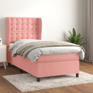 Pat box spring cu saltea, roz, 90×190 cm, catifea