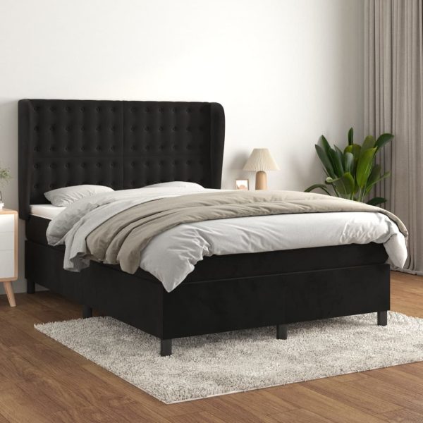 Pat box spring cu saltea, negru, 140×190 cm, catifea