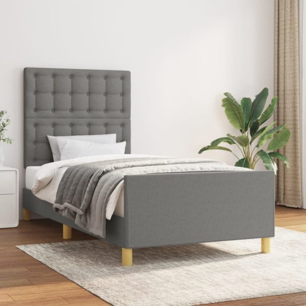 Cadru de pat cu tăblie, gri închis, 90×200 cm, textil