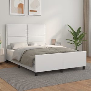 Cadru de pat cu tăblie, alb, 140×190 cm, piele ecologică