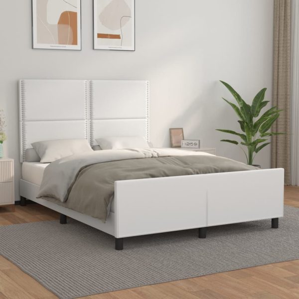Cadru de pat cu tăblie, alb, 140×190 cm, piele ecologică