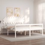 Cadru de pat senior cu tăblie, alb, Super King Size, lemn masiv