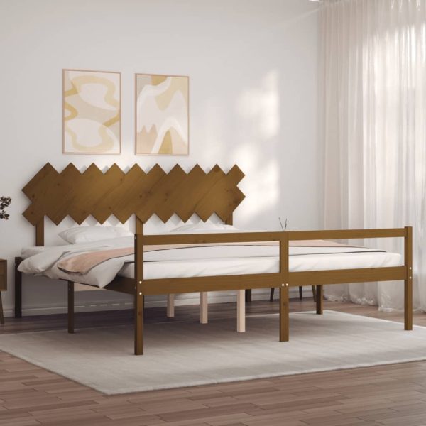 Cadru de pat senior cu tăblie, 200×200 cm maro miere lemn masiv