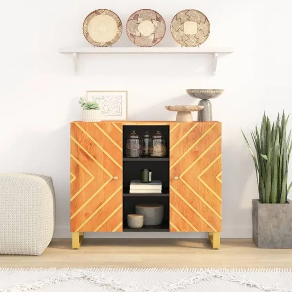 Dulap lateral, maro și negru, 90×33,5×75 cm lemn masiv de mango