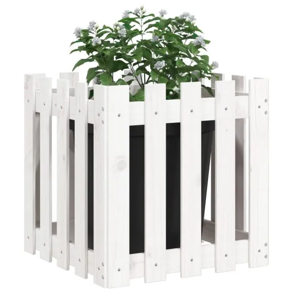 Jardinieră grădină design gard, alb, 50x50x50 cm lemn masiv pin