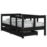 Cadru de pat copii cu sertare, negru, 70×140 cm, lemn masiv pin