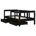 Cadru de pat copii cu sertare, negru, 70×140 cm, lemn masiv pin