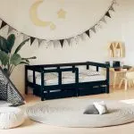 Cadru de pat copii cu sertare, negru, 70×140 cm, lemn masiv pin