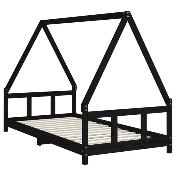 Cadru de pat pentru copii, negru, 90×190 cm, lemn masiv de pin