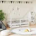 Cadru de pat copii cu sertare, alb, 70×140 cm, lemn masiv pin