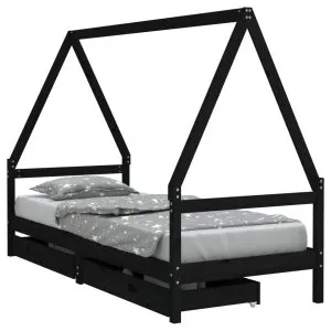 Cadru de pat copii cu sertare, negru, 90×190 cm, lemn masiv pin