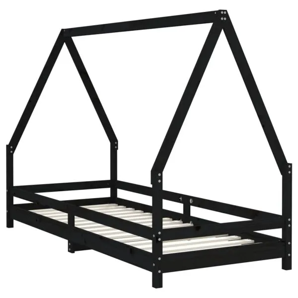 Cadru pat pentru copii, negru, 90×200 cm, lemn masiv de pin